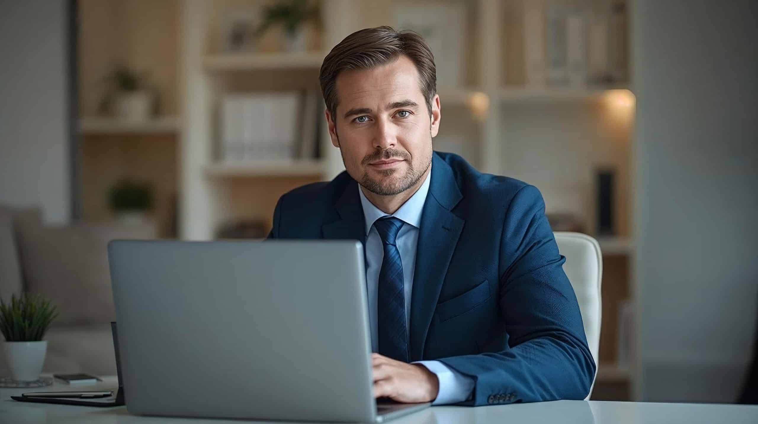 Finance professional working with refurbished laptop