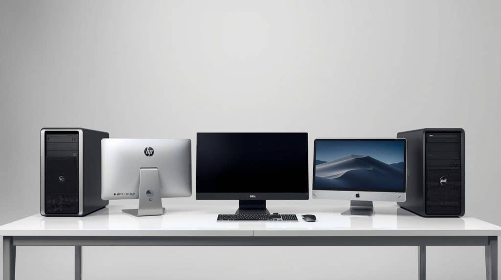Apple, HP, Dell and Lenovo refurbished desktops on a table of smart studio