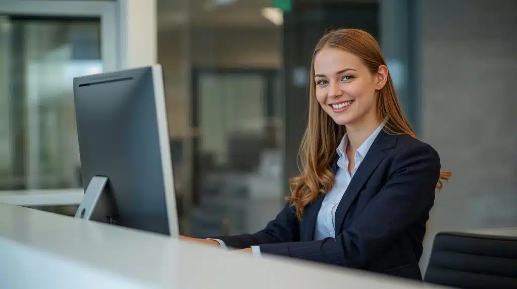 A receptionist uses refurbished mini desktop computer
